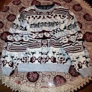Vintage 80s Expressions White Burgundy Black Geometric Knit Sweater Size L NWOT